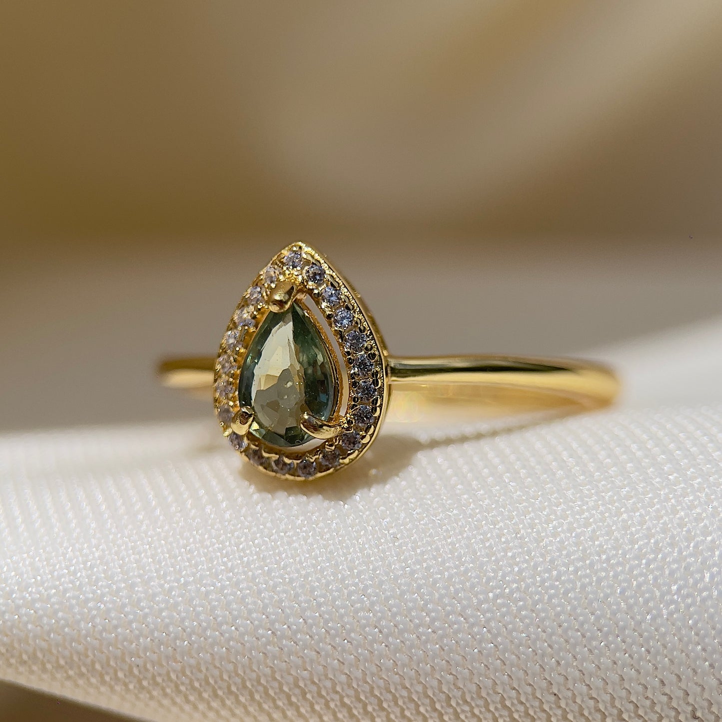 Green Sapphire Pear Halo Ring