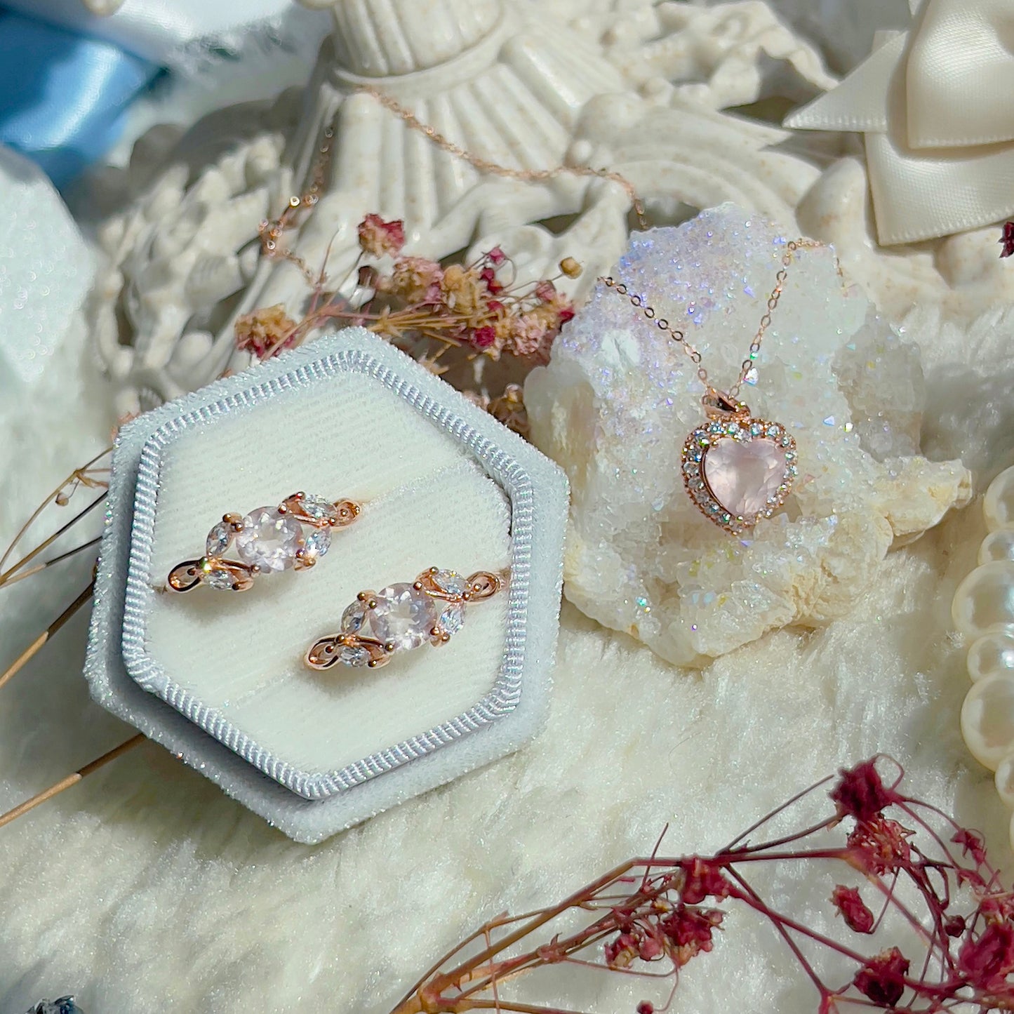 Rose Quartz Floral Ring