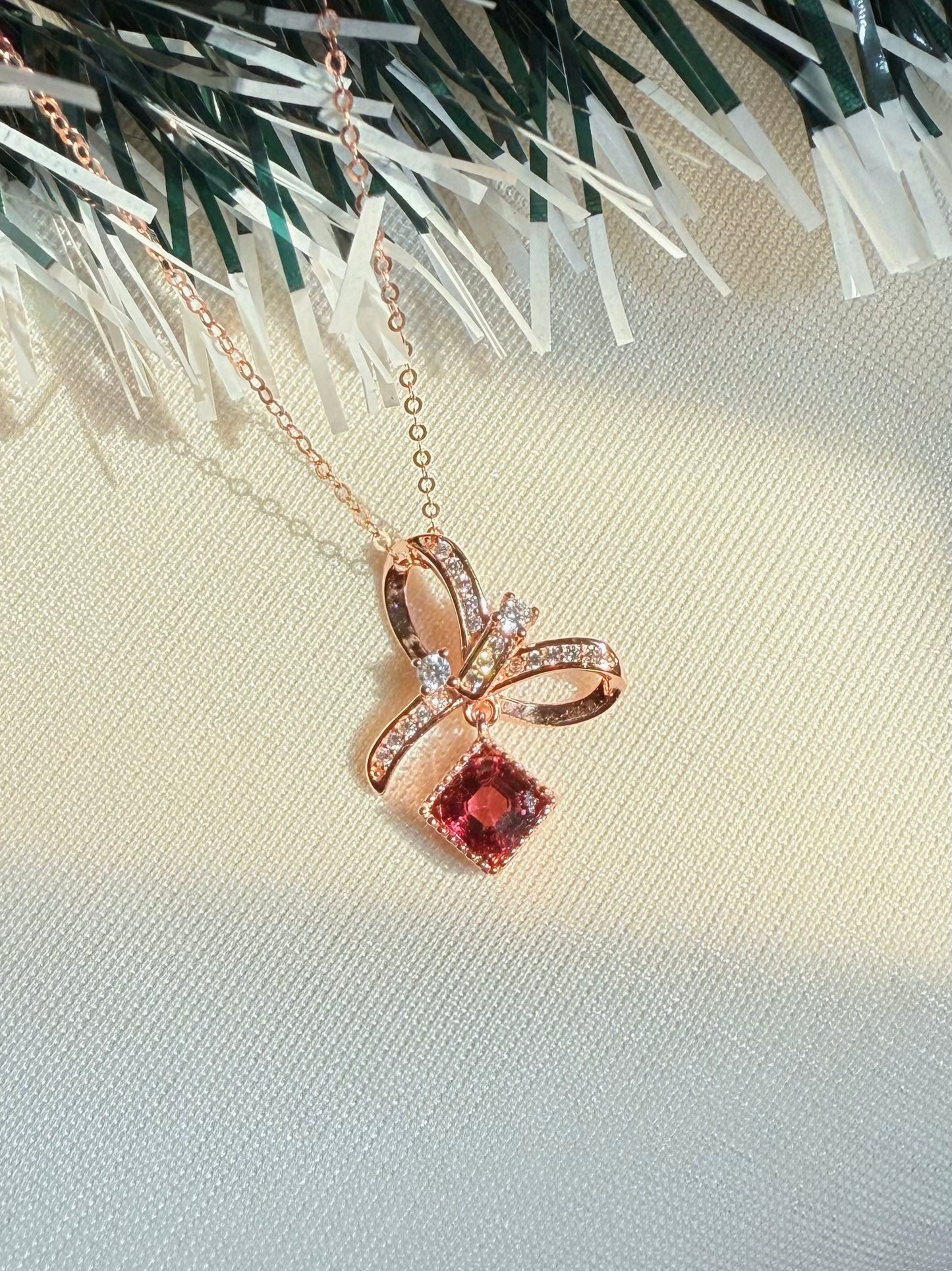 Asscher Cut Rhodolite Garnet Bow Necklace