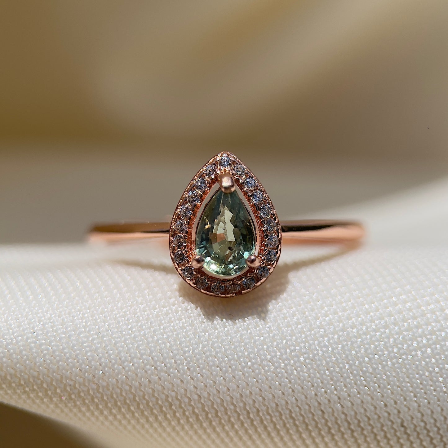 Green Sapphire Pear Halo Ring