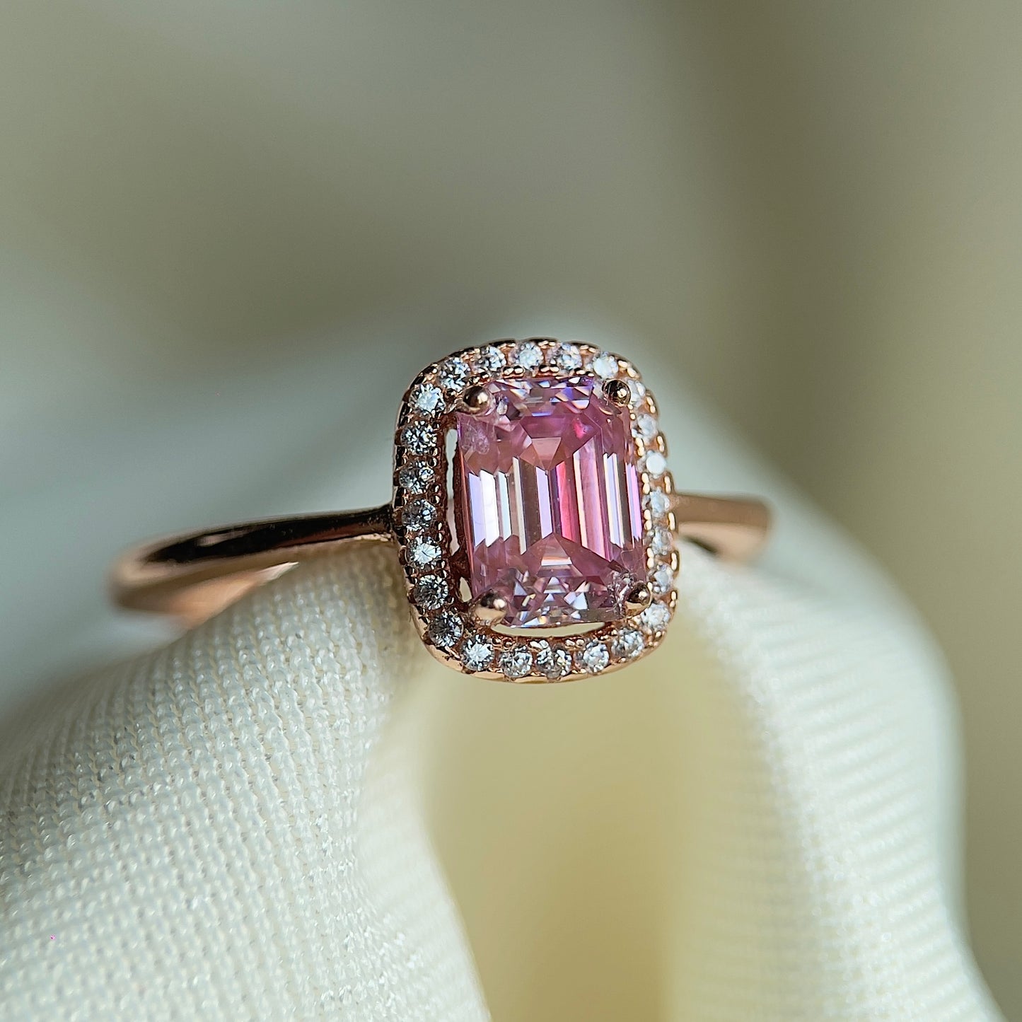Pink Moissanite Emerald Halo Ring