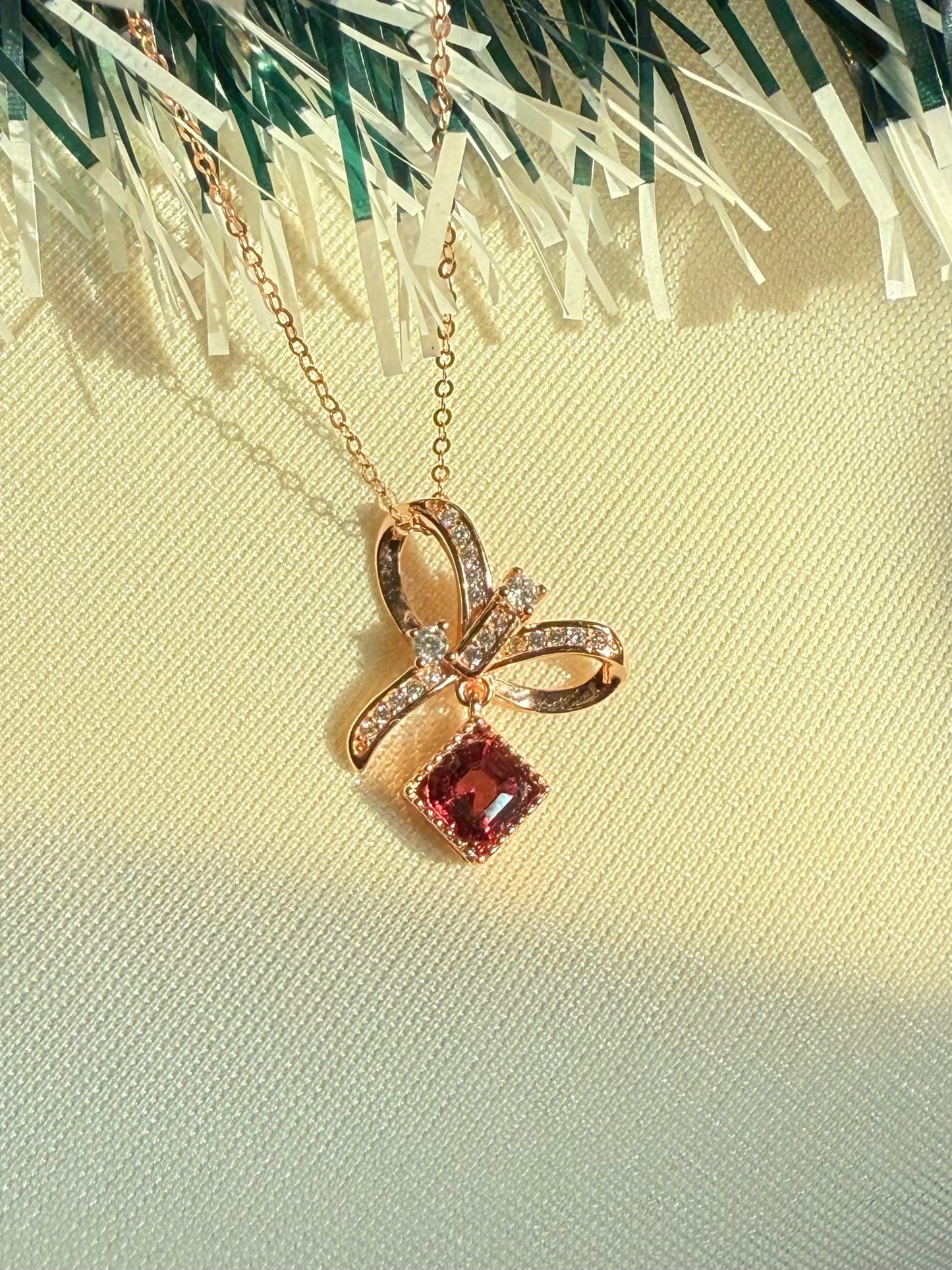 Asscher Cut Rhodolite Garnet Bow Necklace