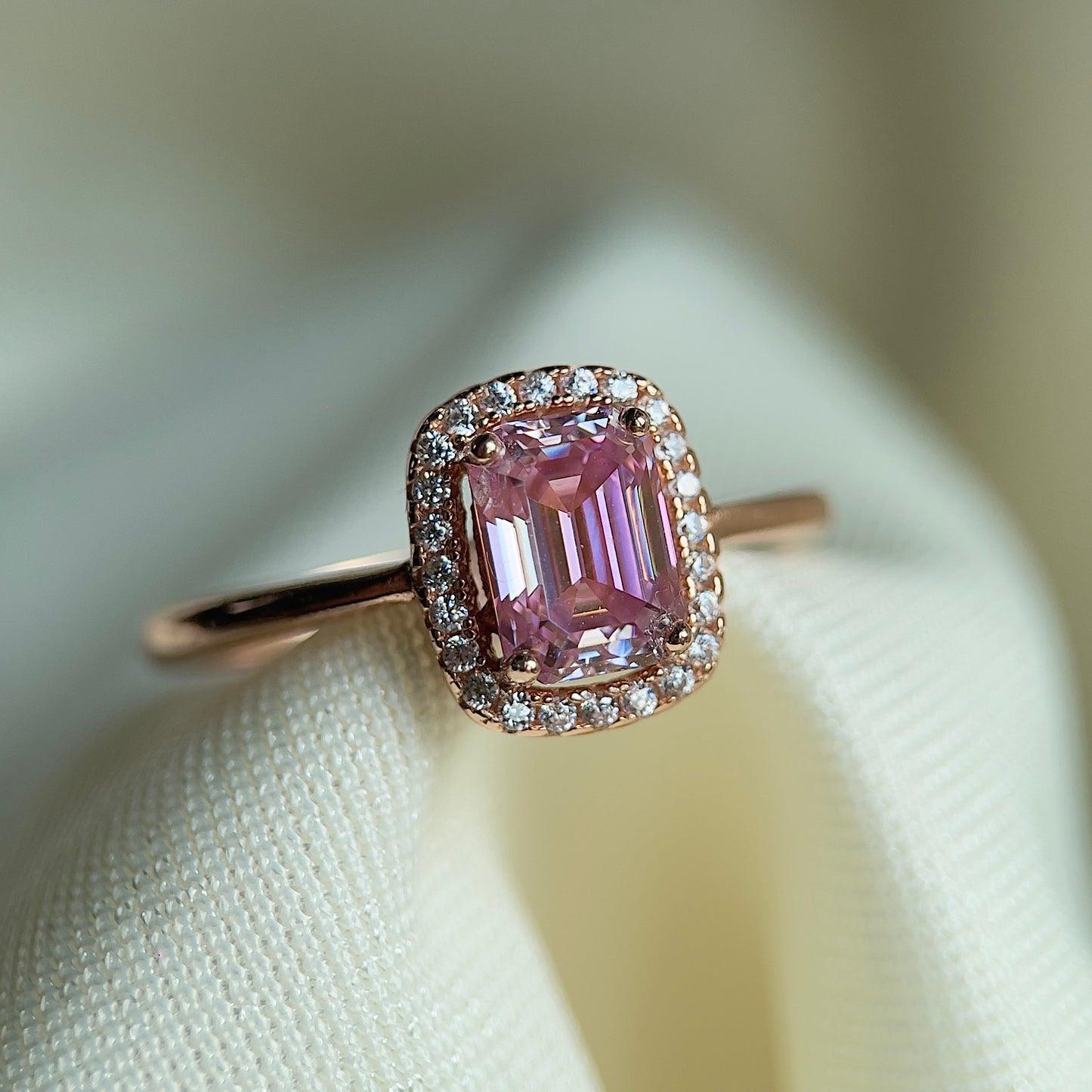 Pink Moissanite Emerald Halo Ring
