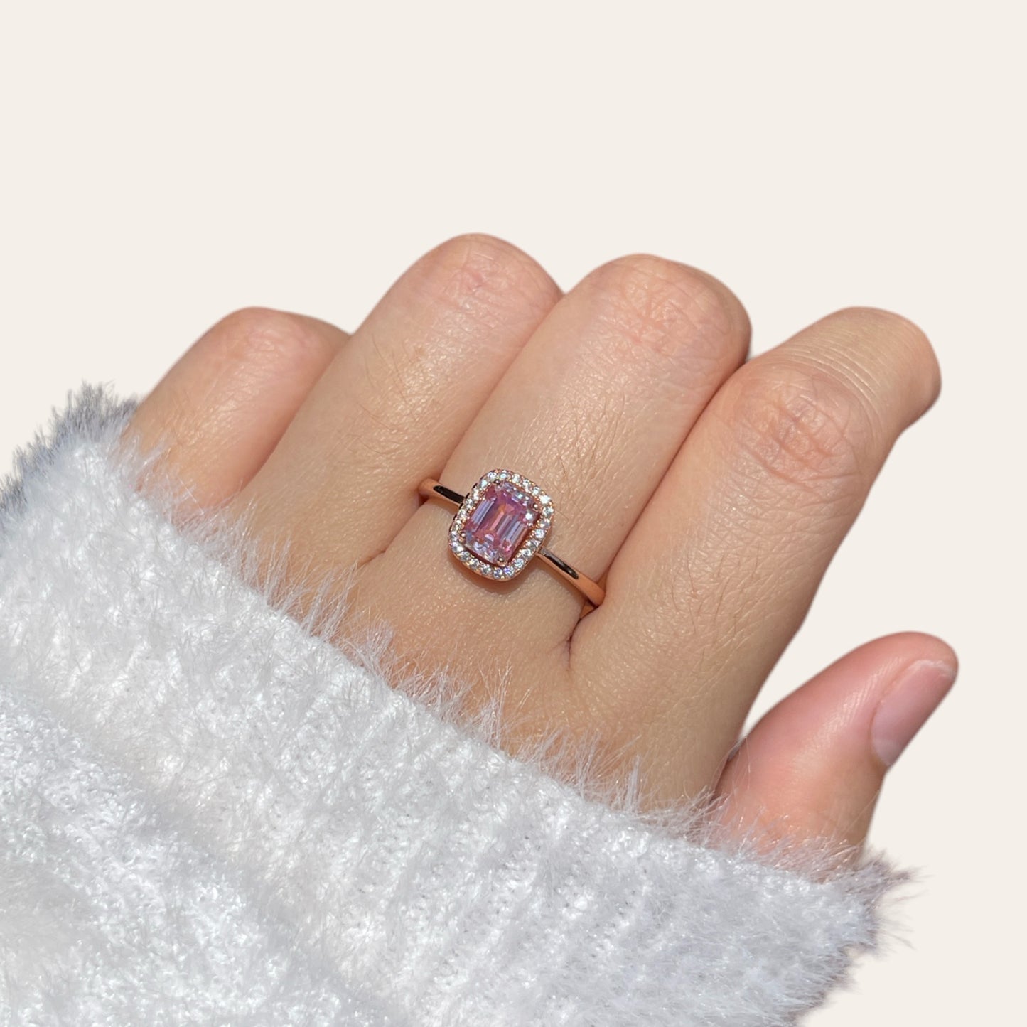 Pink Moissanite Emerald Halo Ring