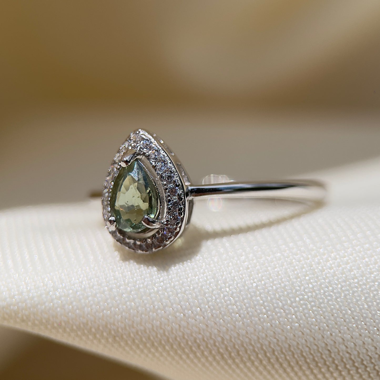 Green Sapphire Pear Halo Ring