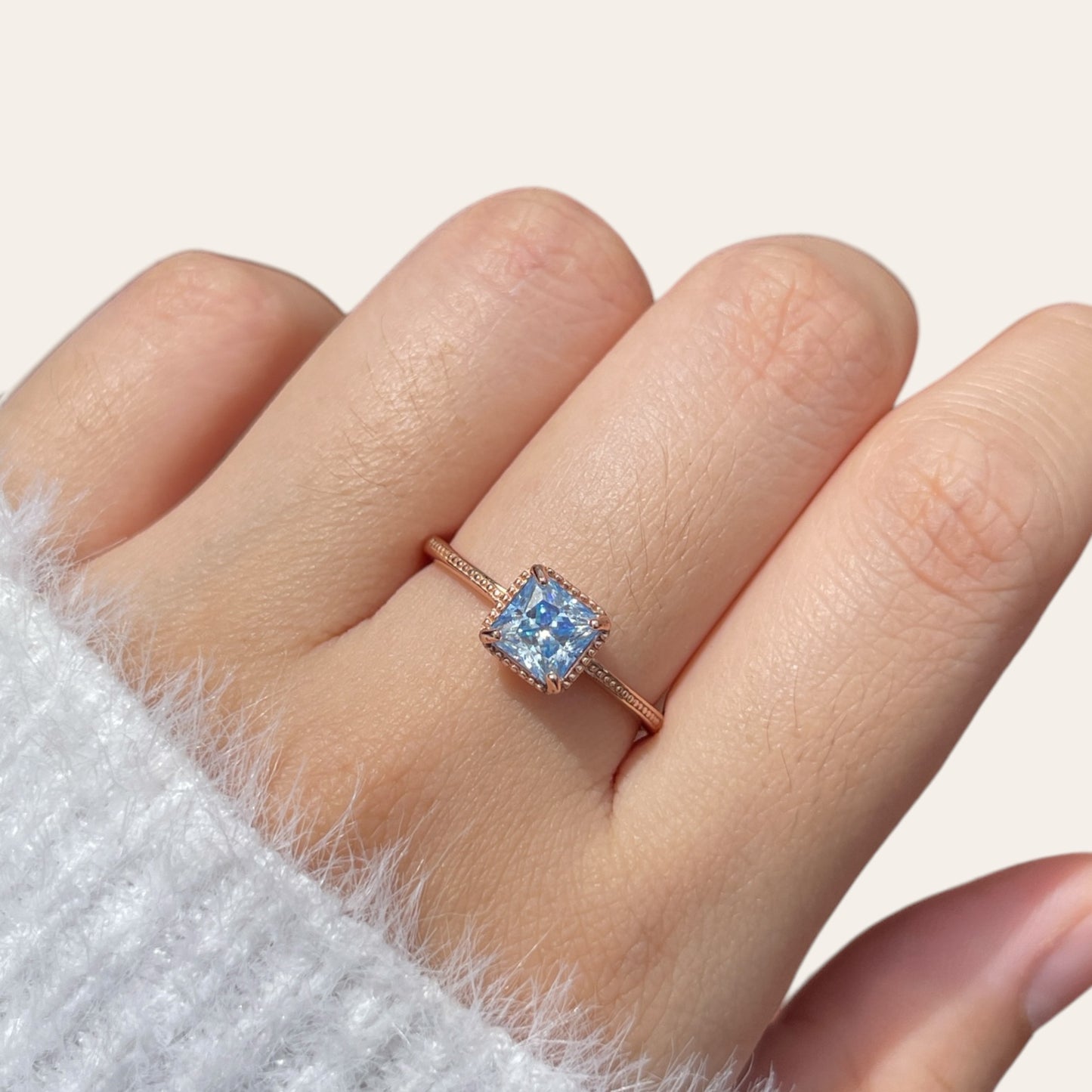 Baby Blue Princess Cut Moissanite Ring