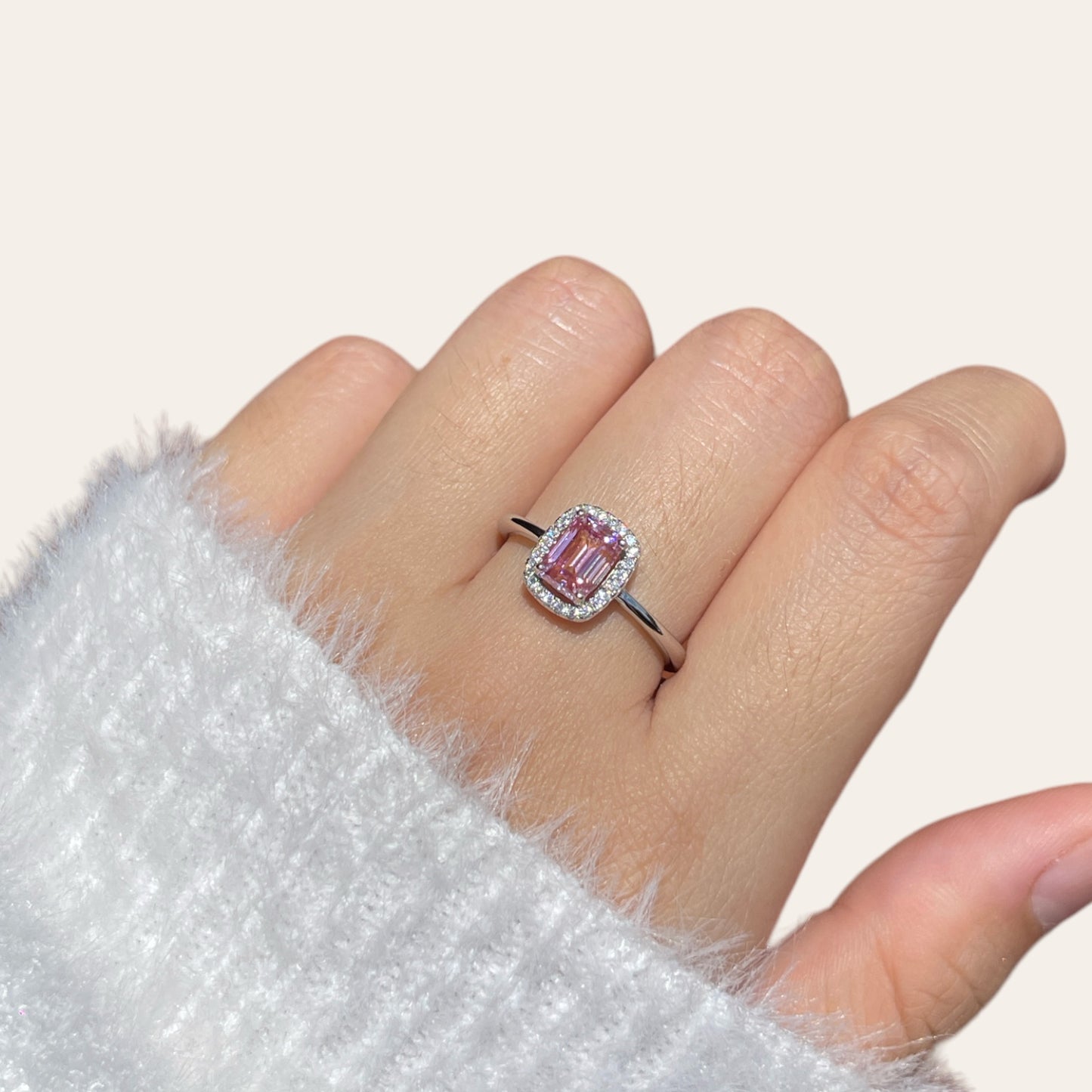Pink Moissanite Emerald Halo Ring