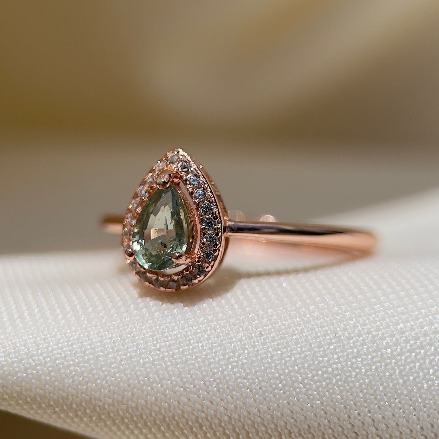 Green Sapphire Pear Halo Ring