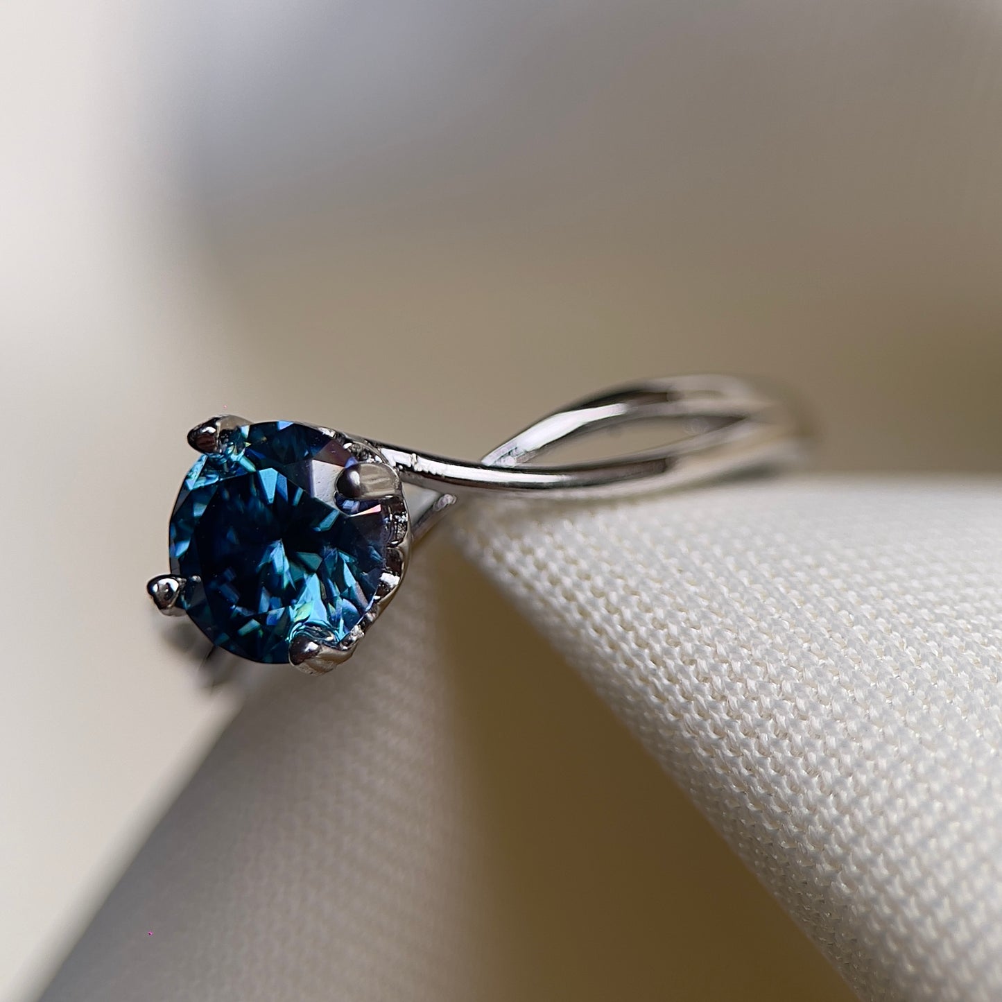 Dark Blue Twisty Heart Moissanite Ring