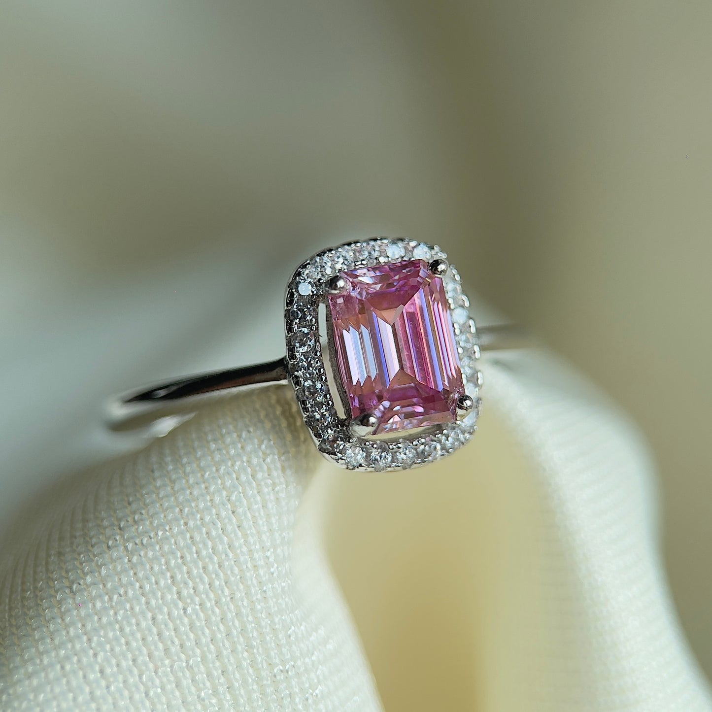 Pink Moissanite Emerald Halo Ring