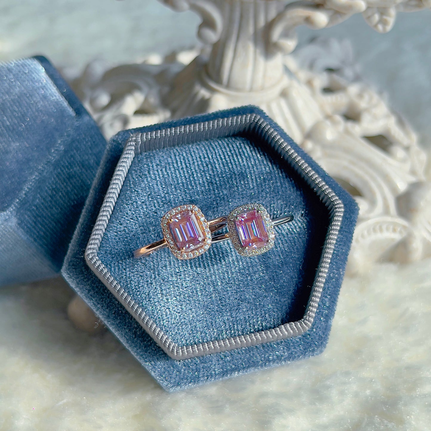 Pink Moissanite Emerald Halo Ring