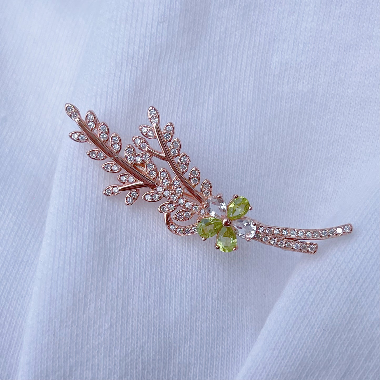 Peridot & Clear Quartz Flower Brooch