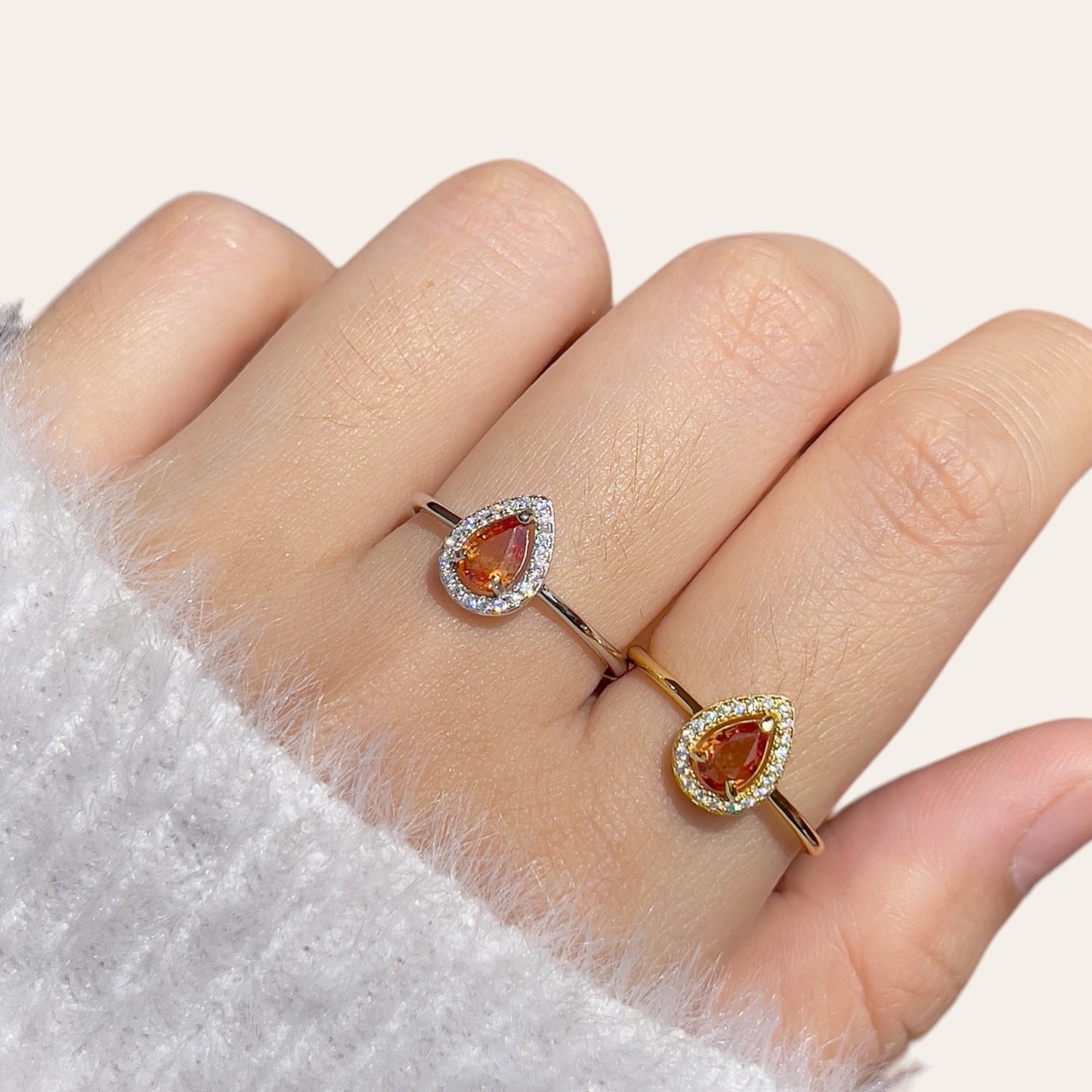 Orange Sapphire Halo Pear Ring