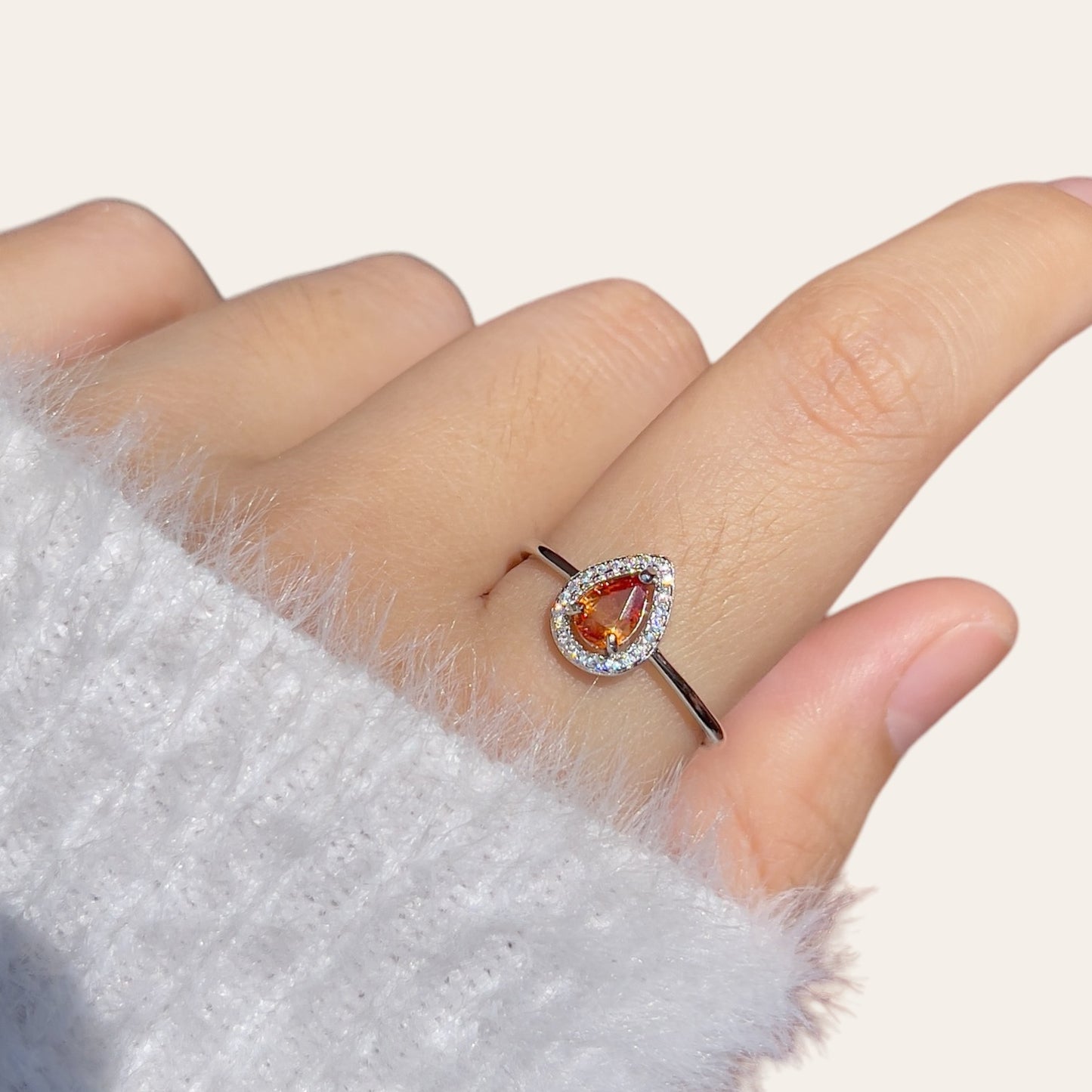 Orange Sapphire Halo Pear Ring
