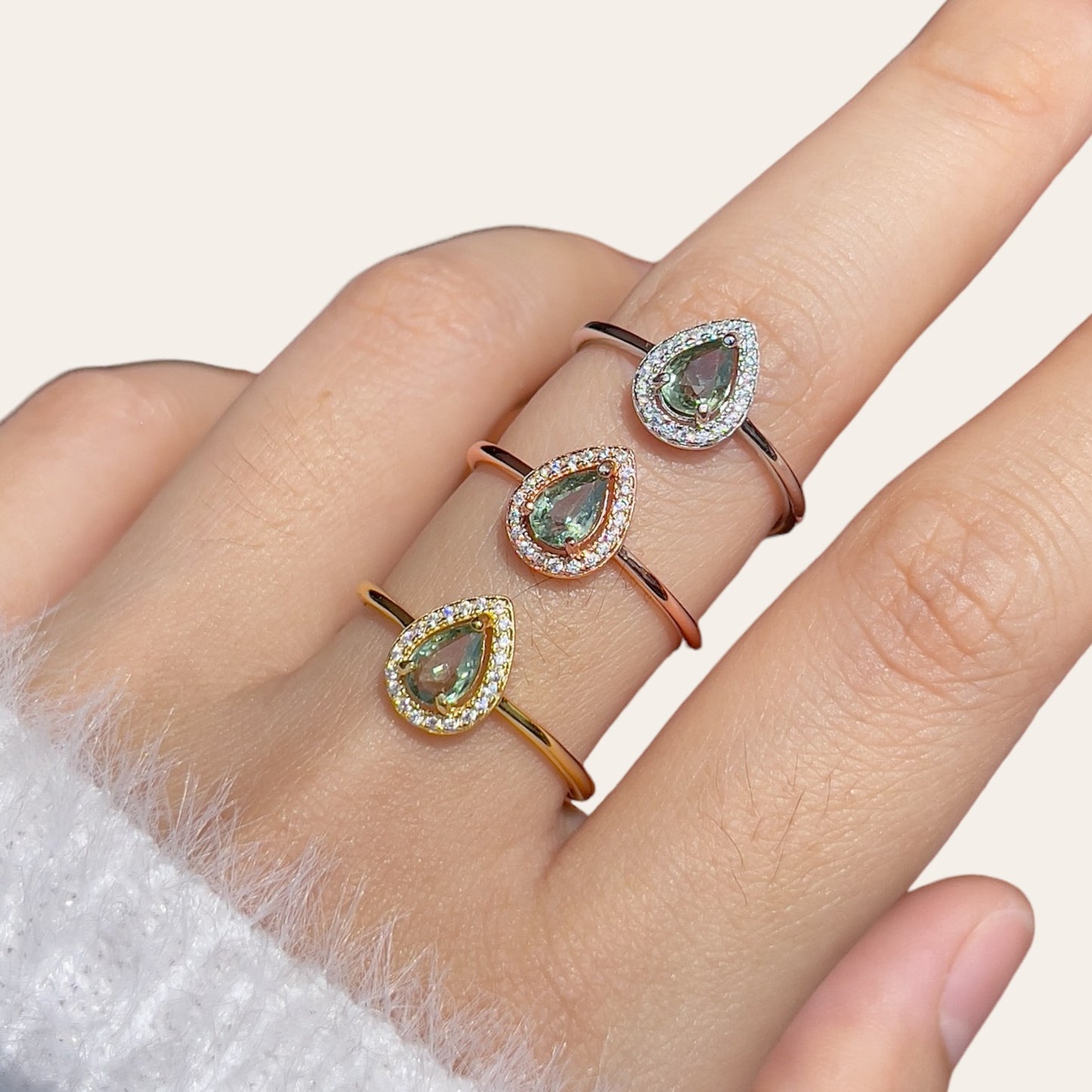 Green Sapphire Pear Halo Ring