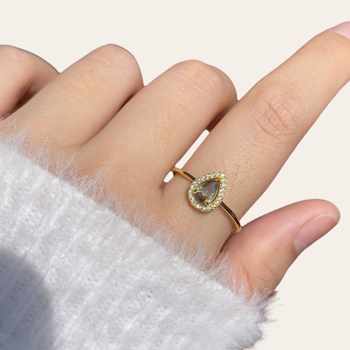 Green Sapphire Pear Halo Ring