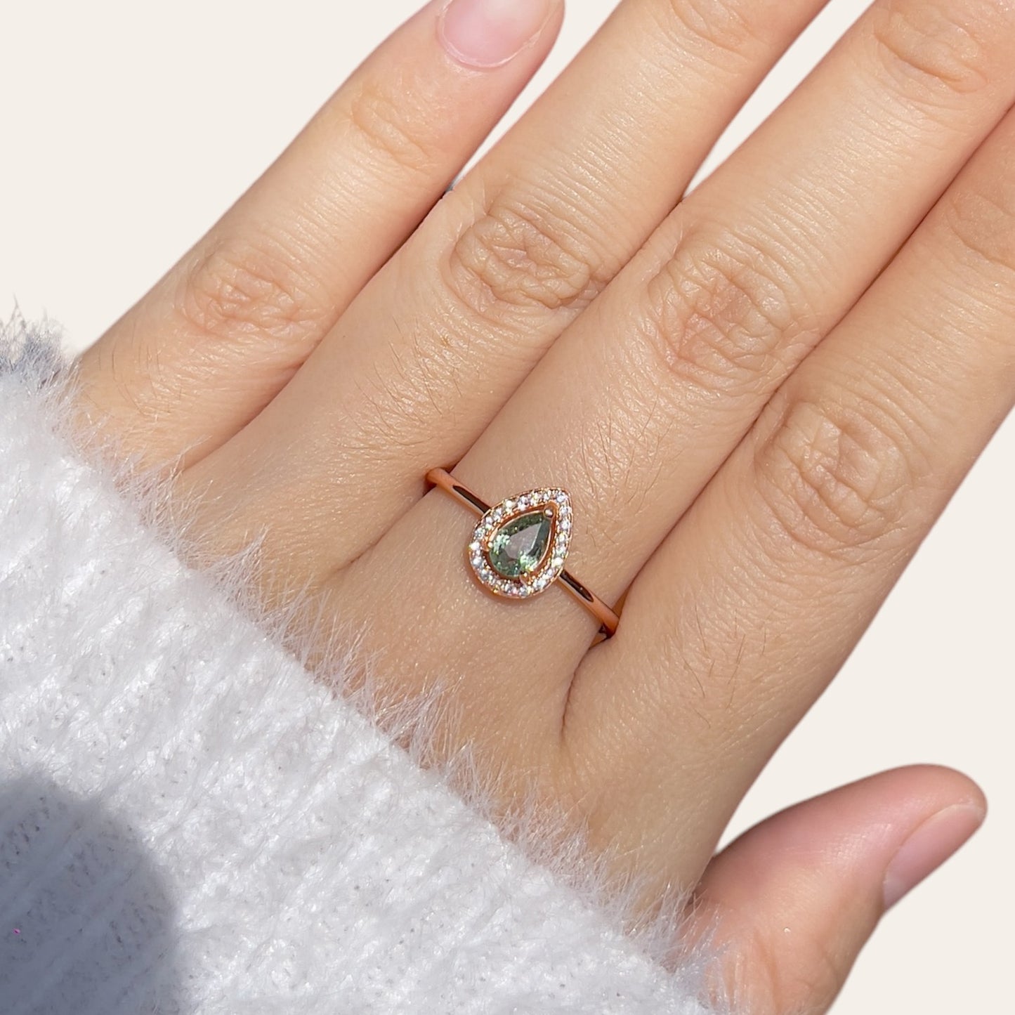 Green Sapphire Pear Halo Ring