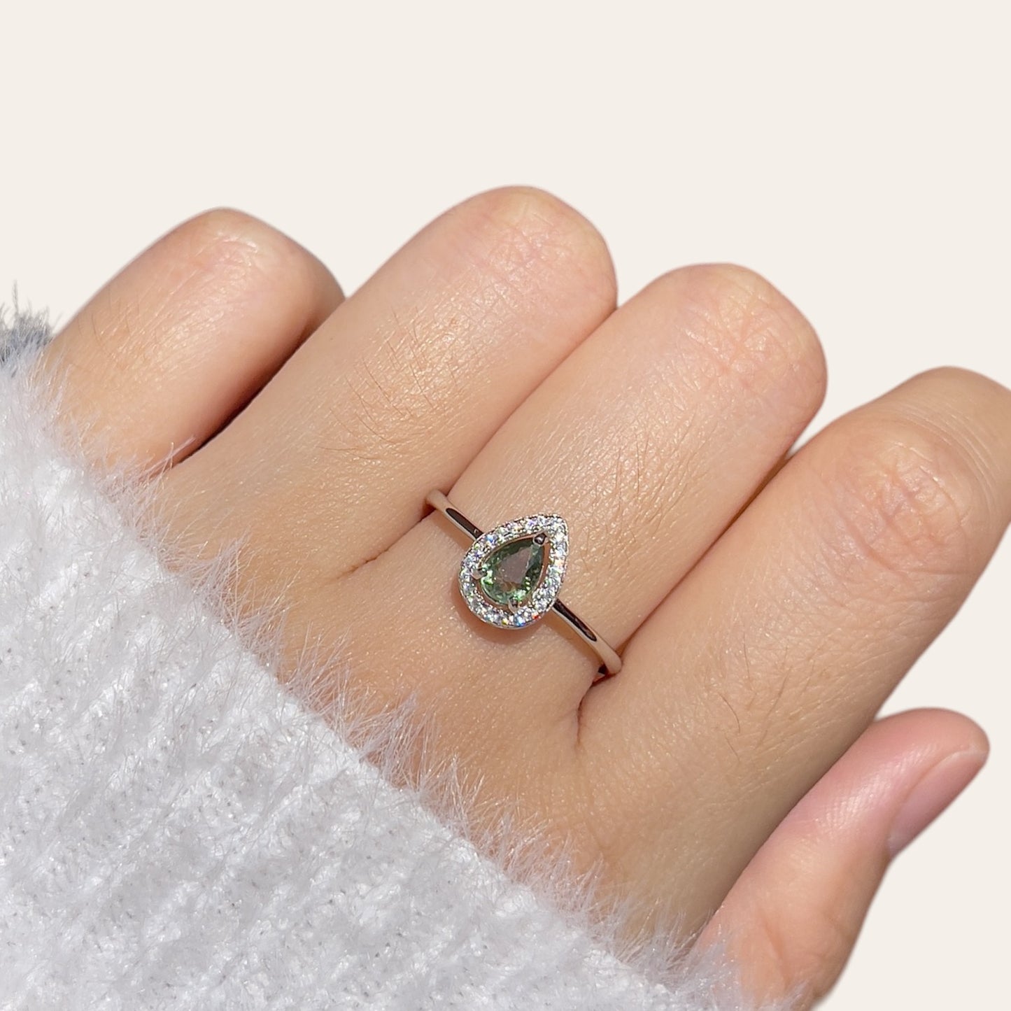 Green Sapphire Pear Halo Ring