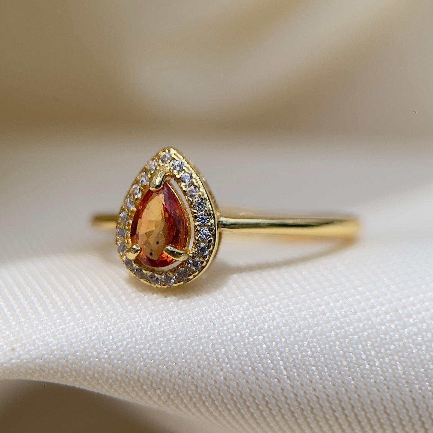 Orange Sapphire Halo Pear Ring