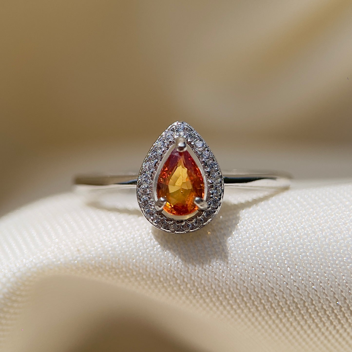 Orange Sapphire Halo Pear Ring