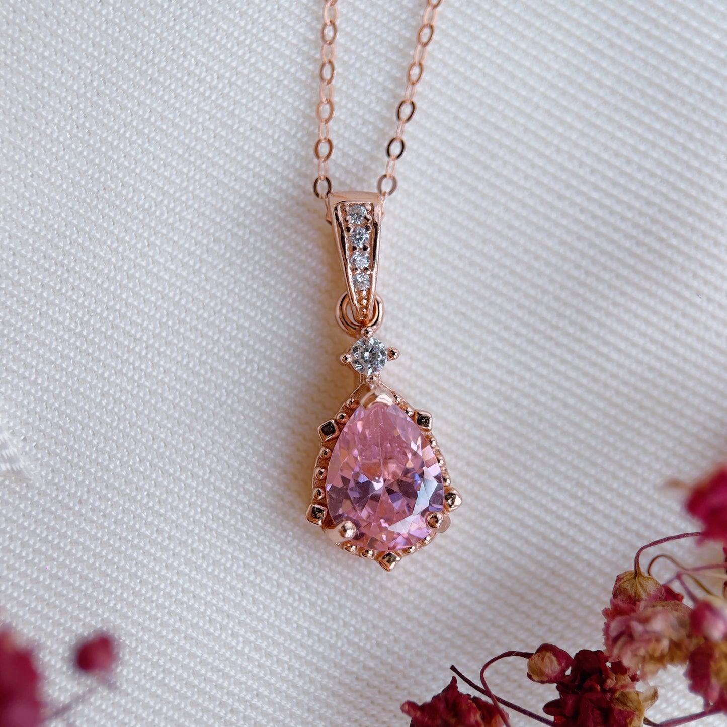Pink Zirconia Pear Necklace