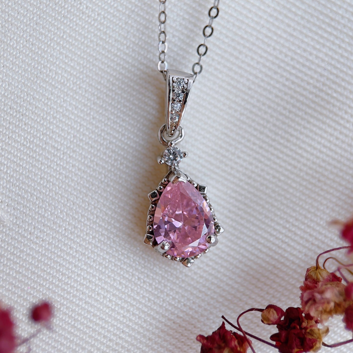 Pink Zirconia Pear Necklace