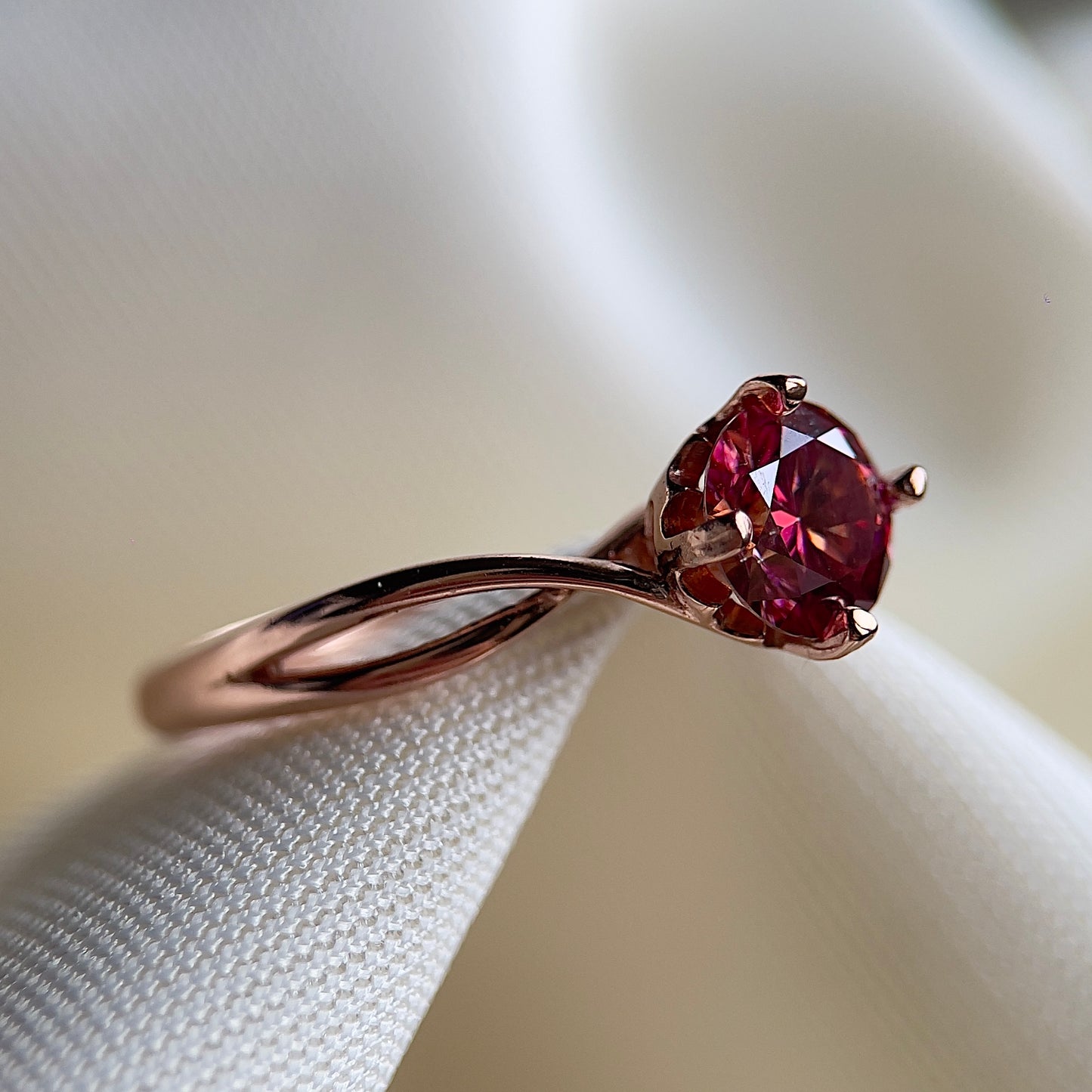 Crimson Sunset Twisty Heart Moissanite Ring
