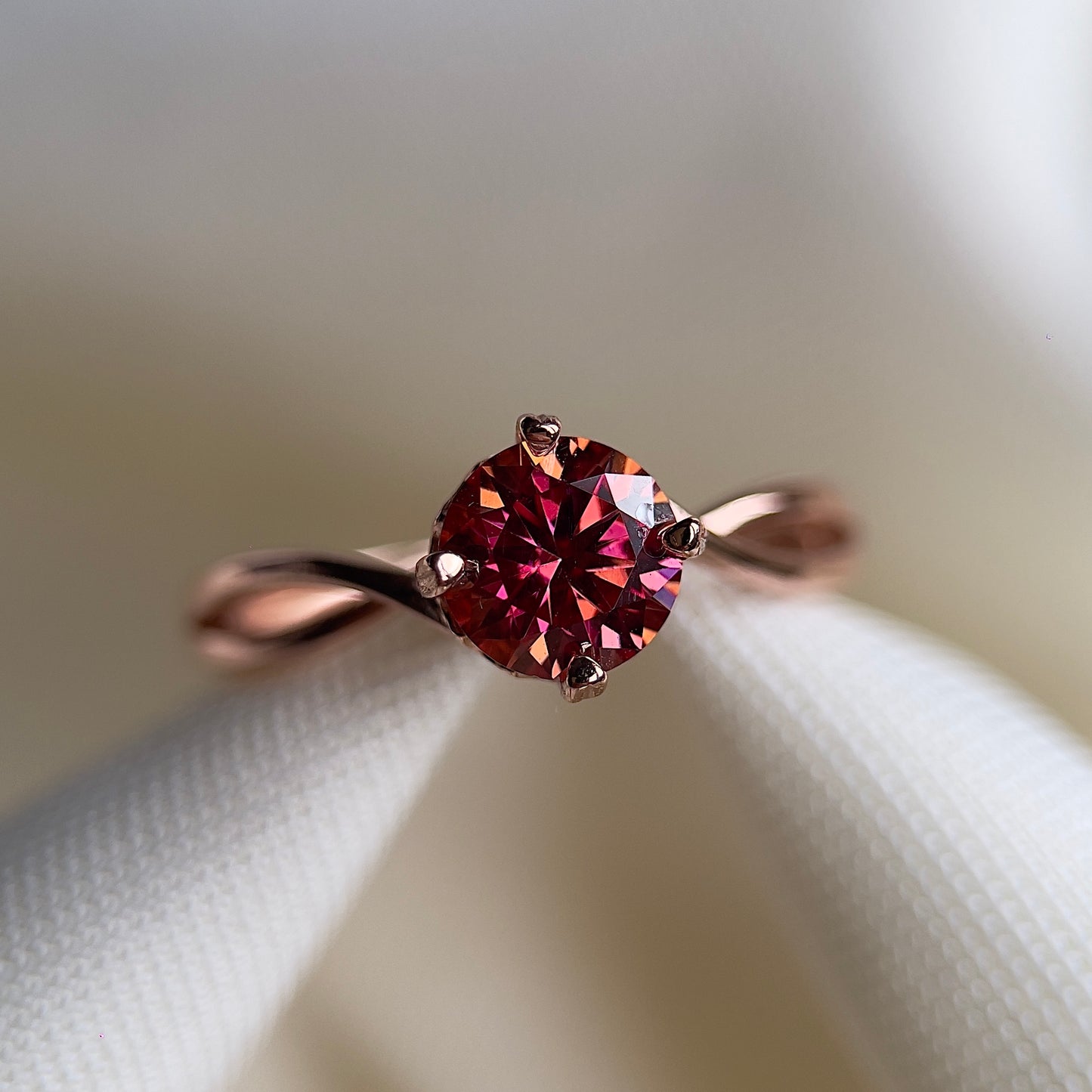 Crimson Sunset Twisty Heart Moissanite Ring