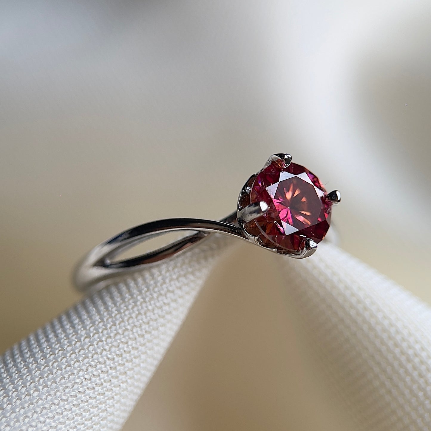 Crimson Sunset Twisty Heart Moissanite Ring