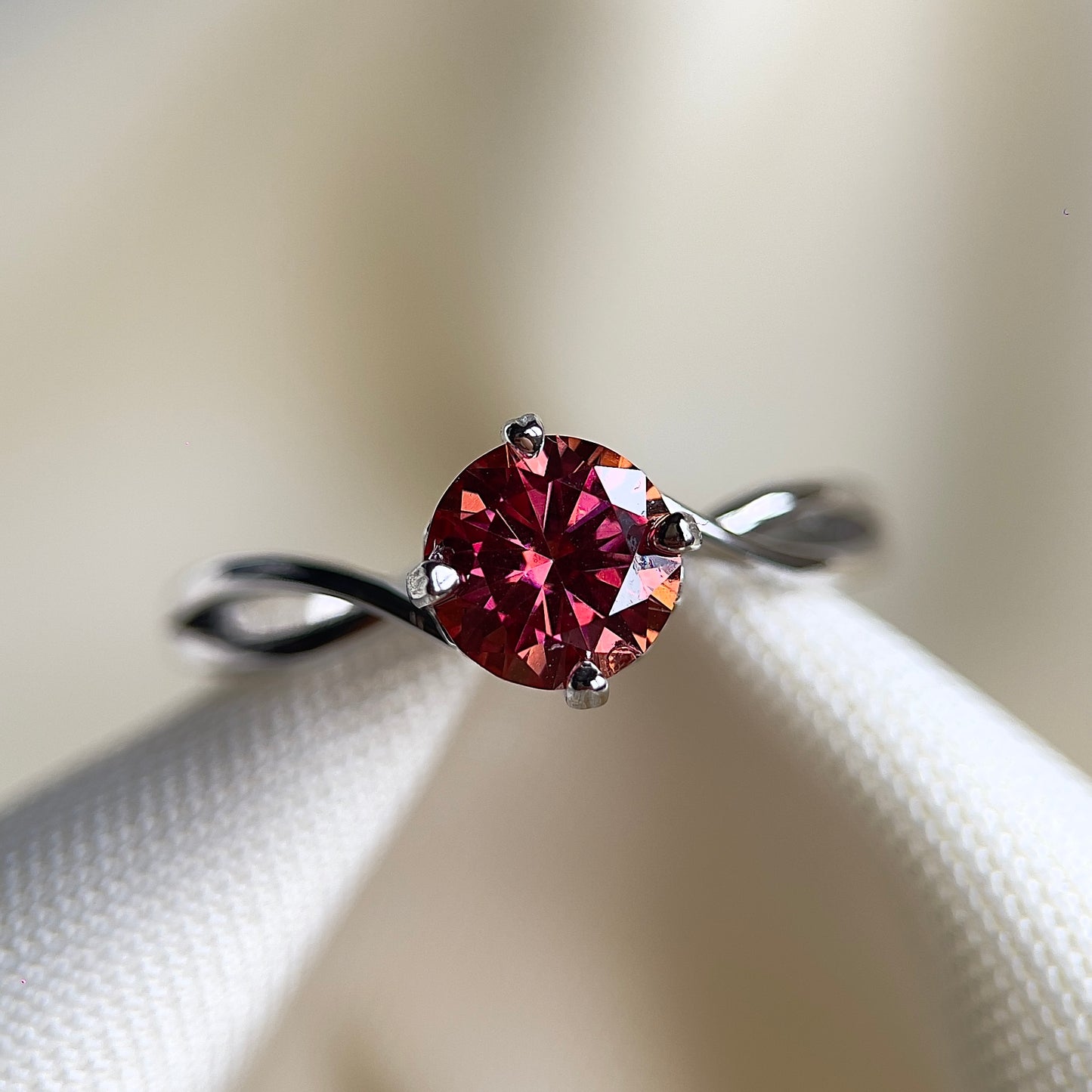 Crimson Sunset Twisty Heart Moissanite Ring