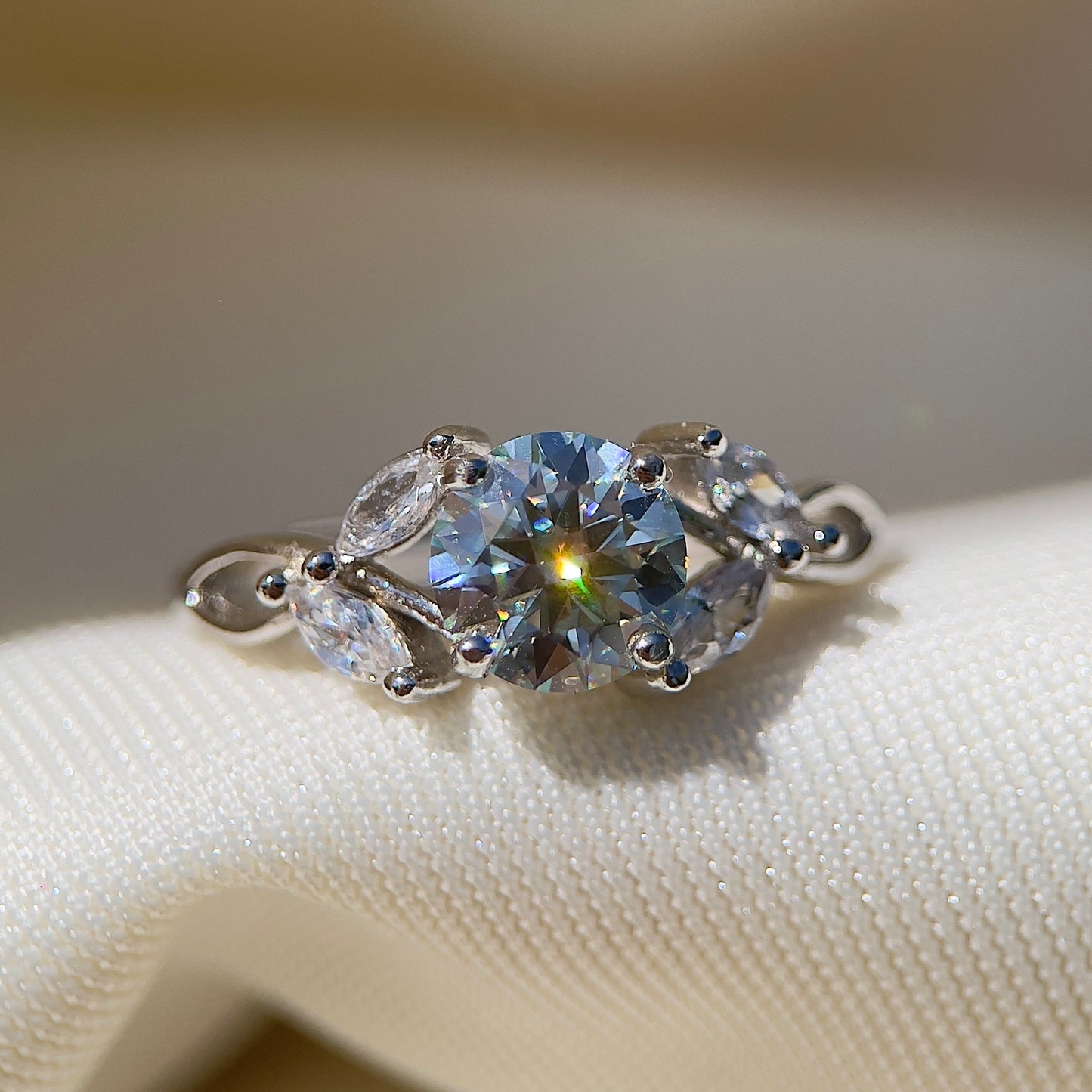 White Moissanite Floral Ring