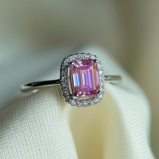 Pink Moissanite Emerald Halo Ring