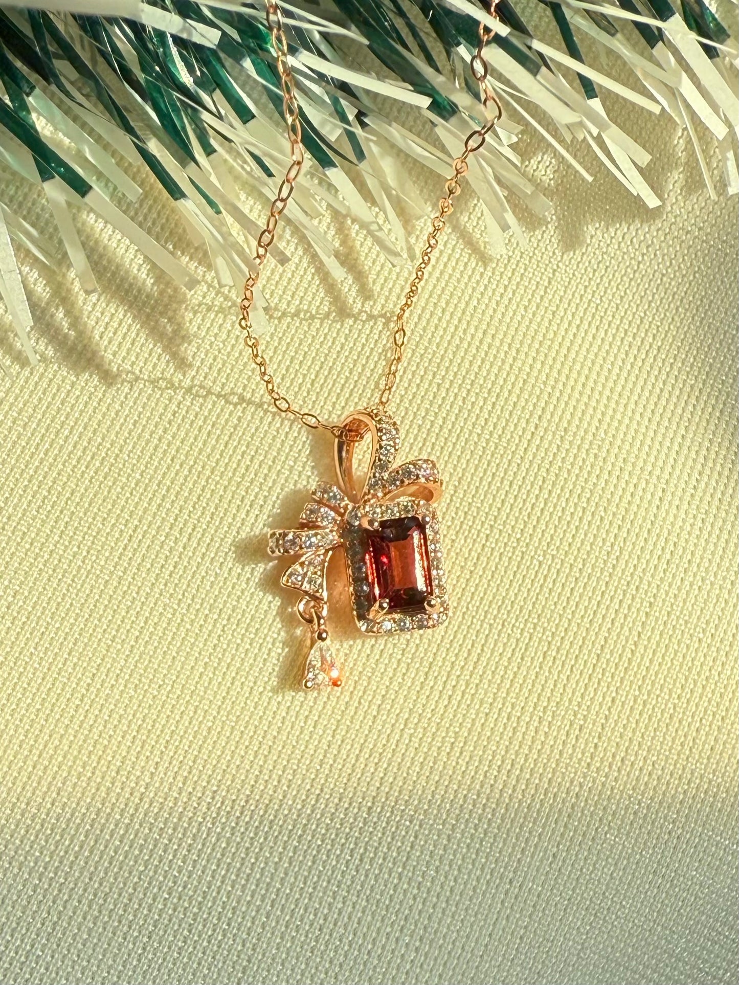 Emerald Cut Rhodolite Garnet Ribbon Necklace