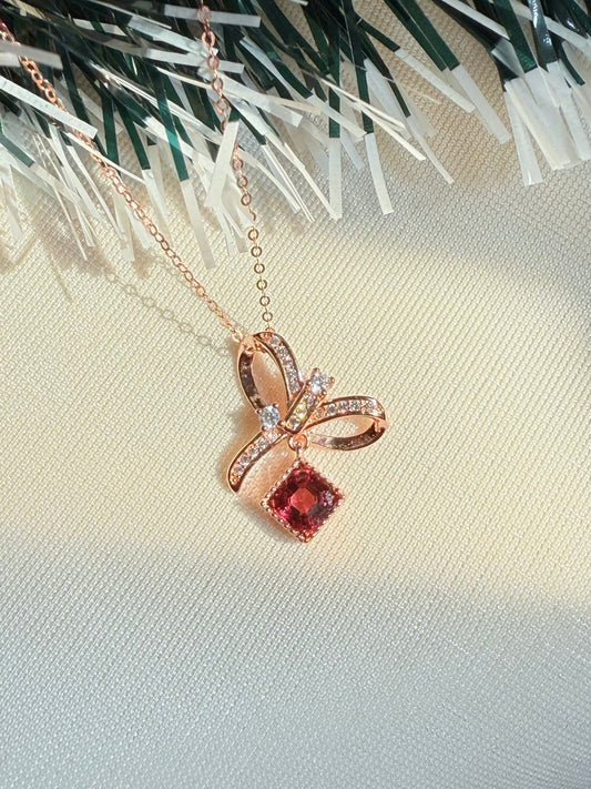 Asscher Cut Rhodolite Garnet Bow Necklace