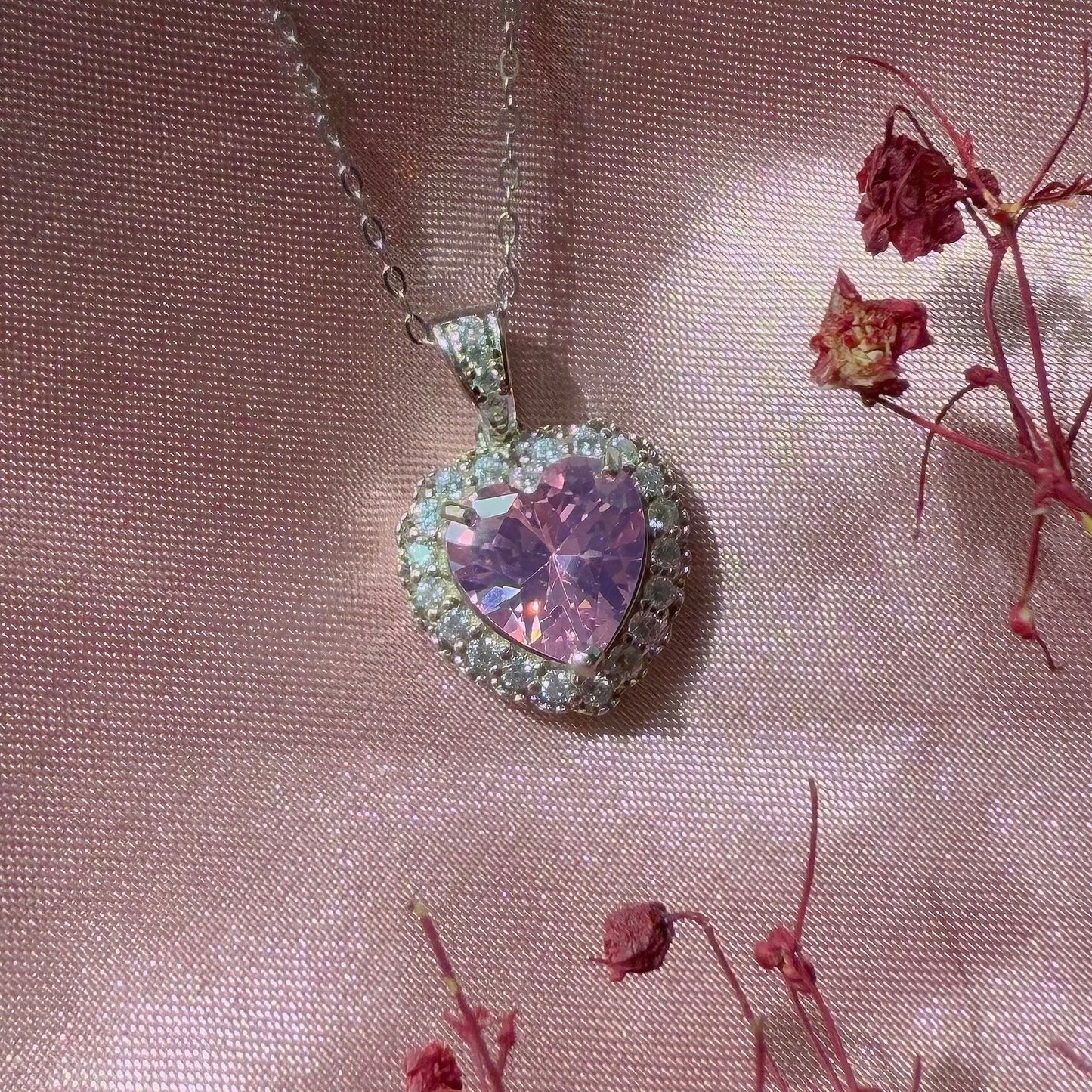 Pink Zirconia Heart Necklace