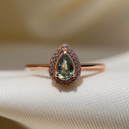 Green Sapphire Pear Halo Ring