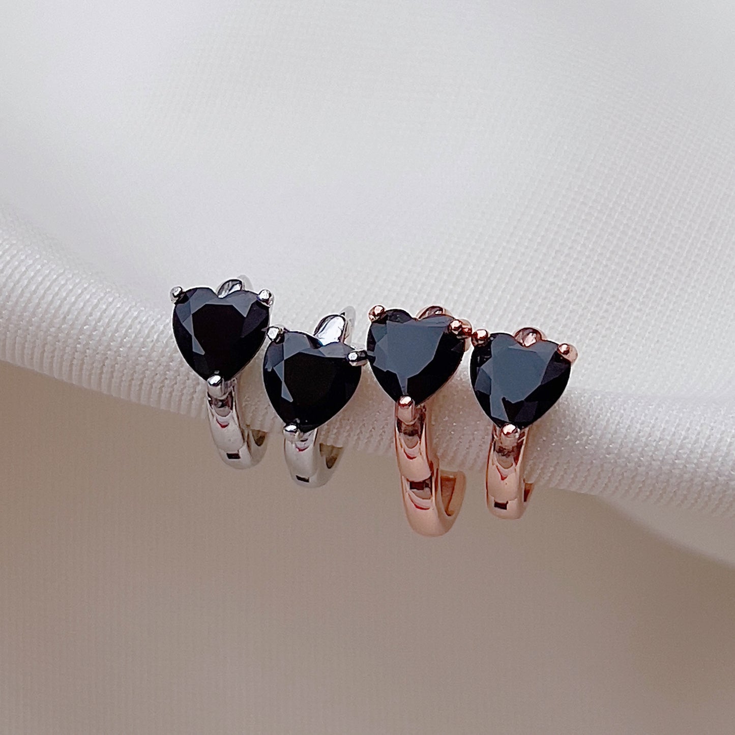 Black Spinel Heart Rose Gold Set (Ring & Huggies)