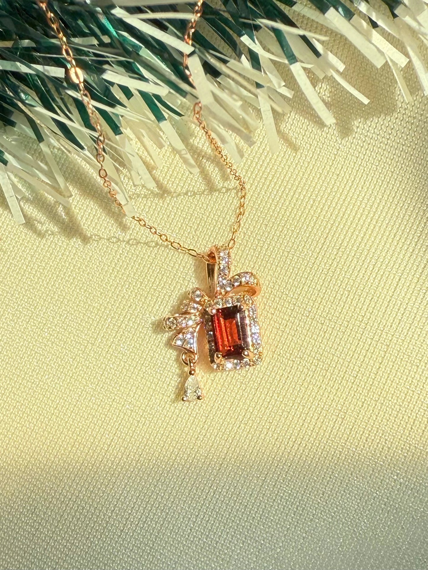 Emerald Cut Rhodolite Garnet Ribbon Necklace