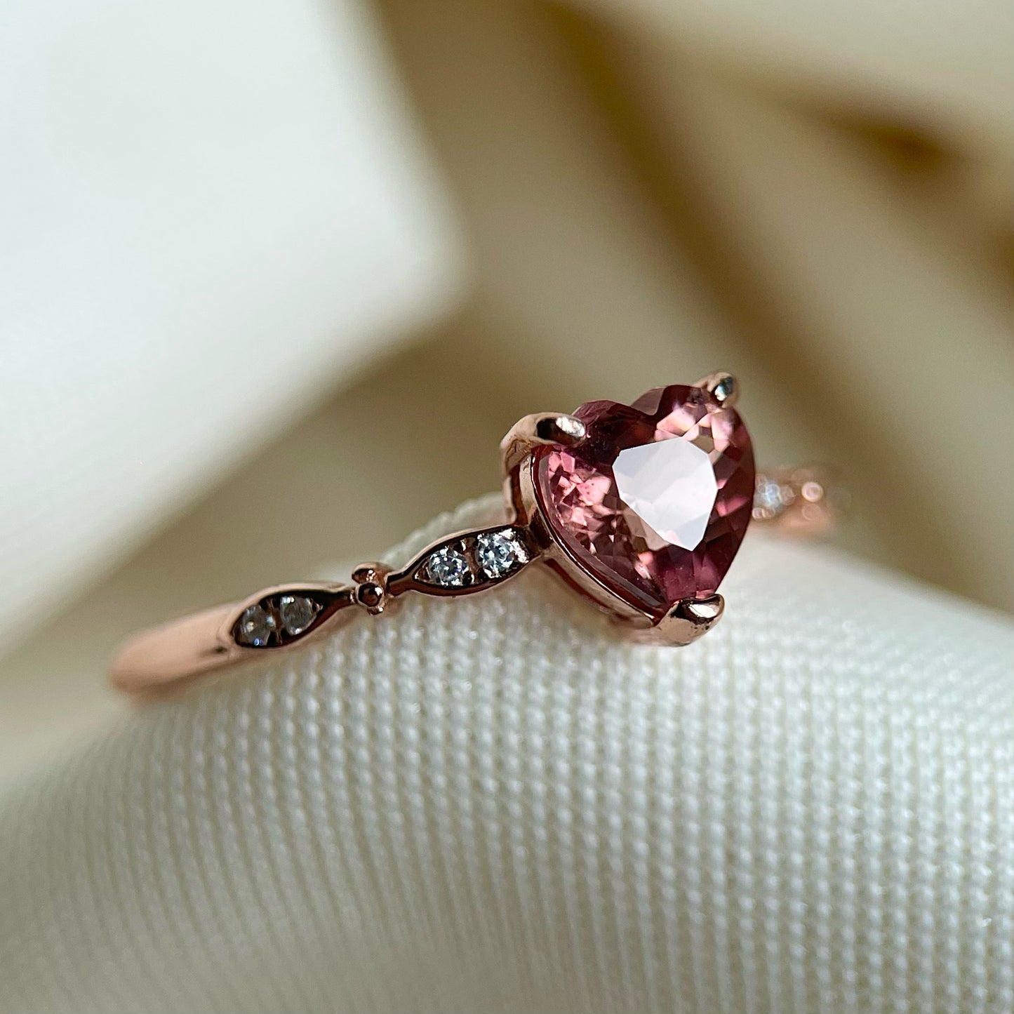Rosy Pink Tourmaline Heart Ribbon Ring
