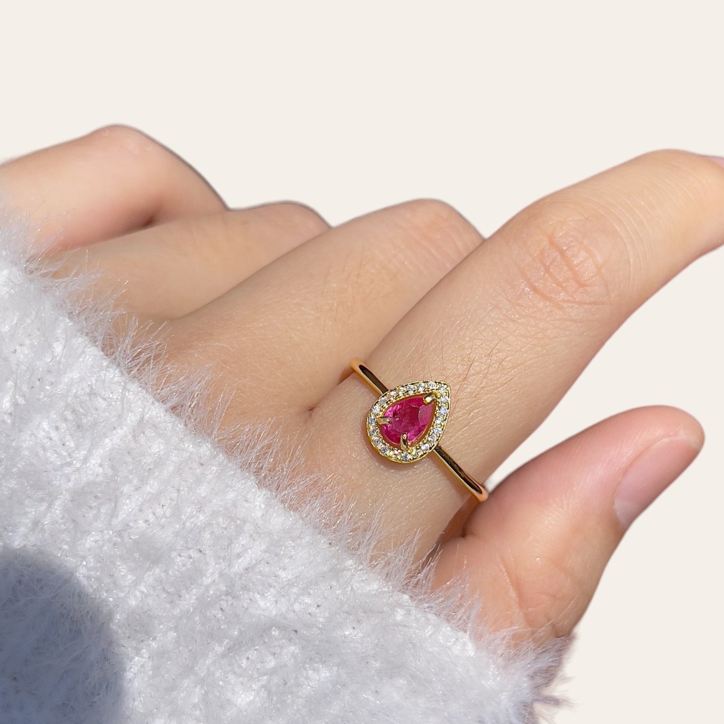 Pink Sapphire Halo Pear Ring