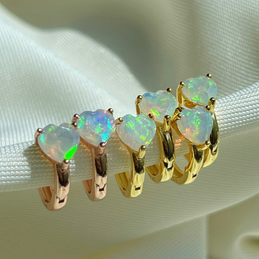 Faceted Opal Heart Huggies
