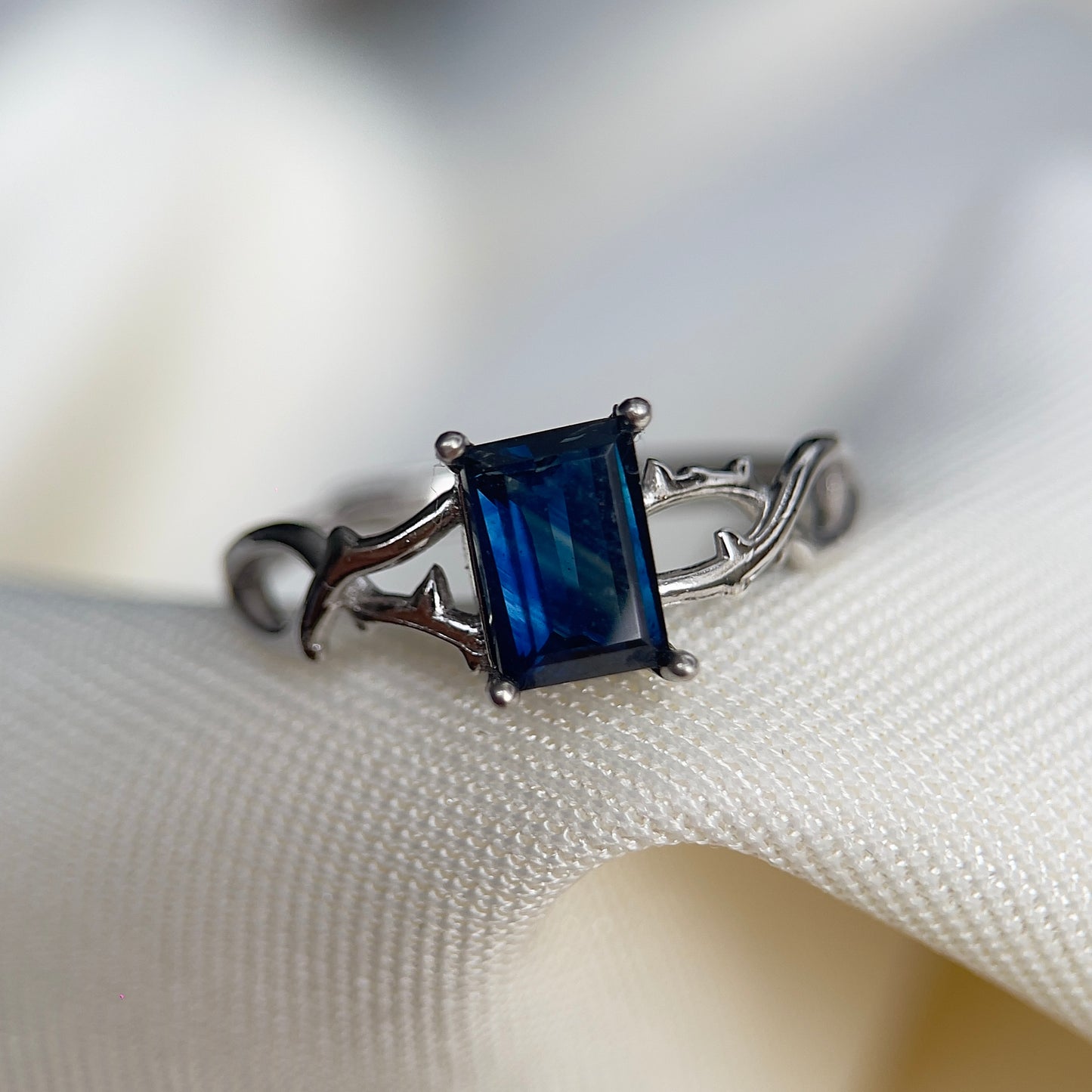 Emerald Cut Parti Sapphire Vine Ring