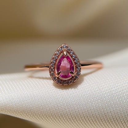 Pink Sapphire Halo Pear Ring