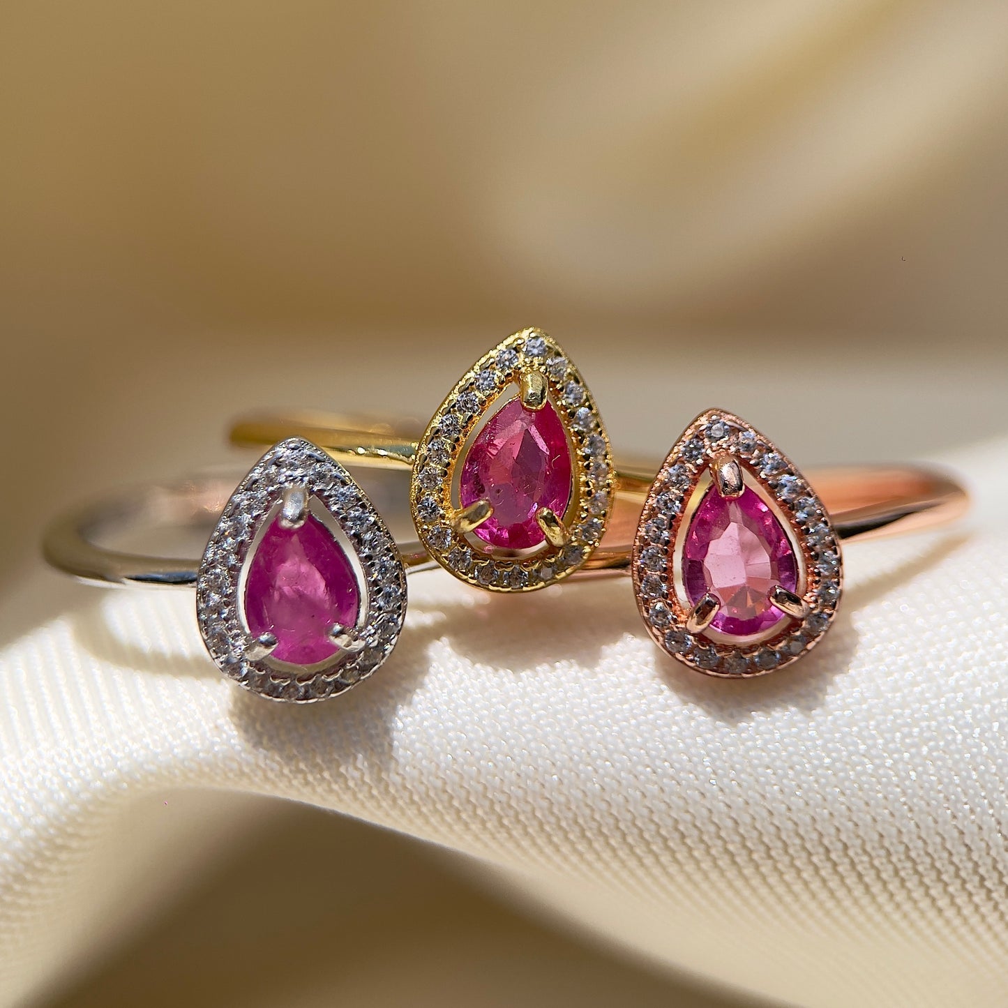 Pink Sapphire Halo Pear Ring